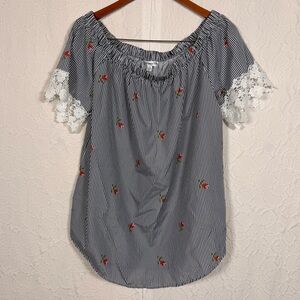 Roommates Off Shoulder Lace Trim Sleeve Striped Floral Blouse Sz 1X